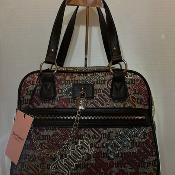 NEW Juicy Couture Black Beige Multi Lock N Chain Satchel Handbag Purse - Picture 2 of 14